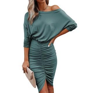 Solid color sexy sloping shoulder slim pleated hip dress